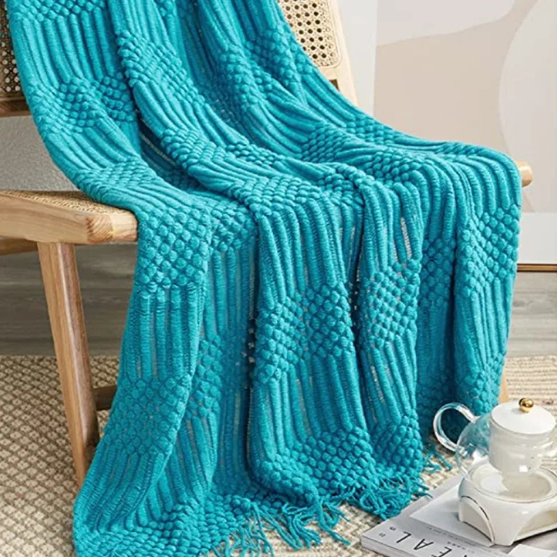 Teal Knitted Decorative Throw Blankets for Couch Bedroom and Officeroom Textured Soft Warm Gift Big Knit Blanket with Tassel 240821