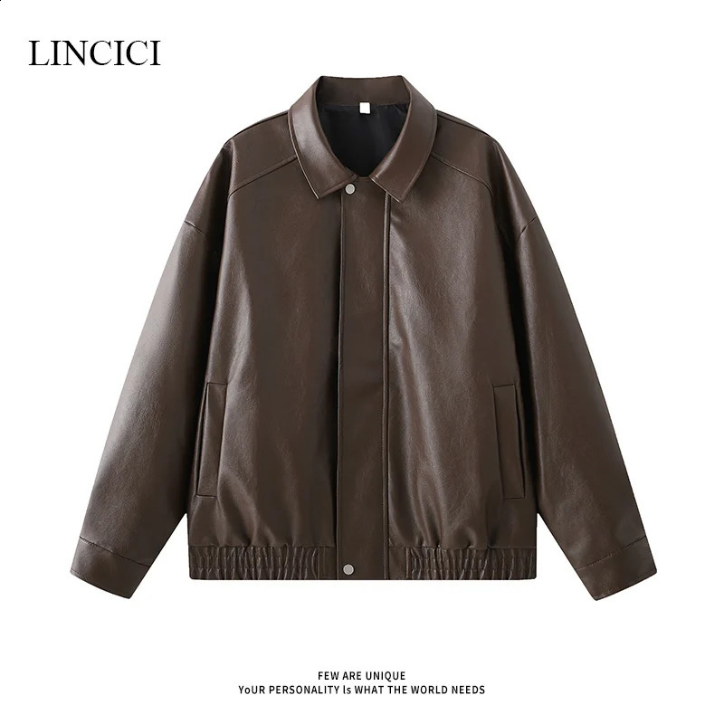 M-3XL Autumn Loose Mens Retro Leather Jacket Unisex American Solid Color Versatile Youth Jacket 240822