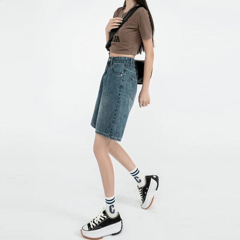 Retro Denim Shorts for Women Summer High Waist Five-point Pants Loose Straight A-line Half Pants Korean Style Clothing 240821