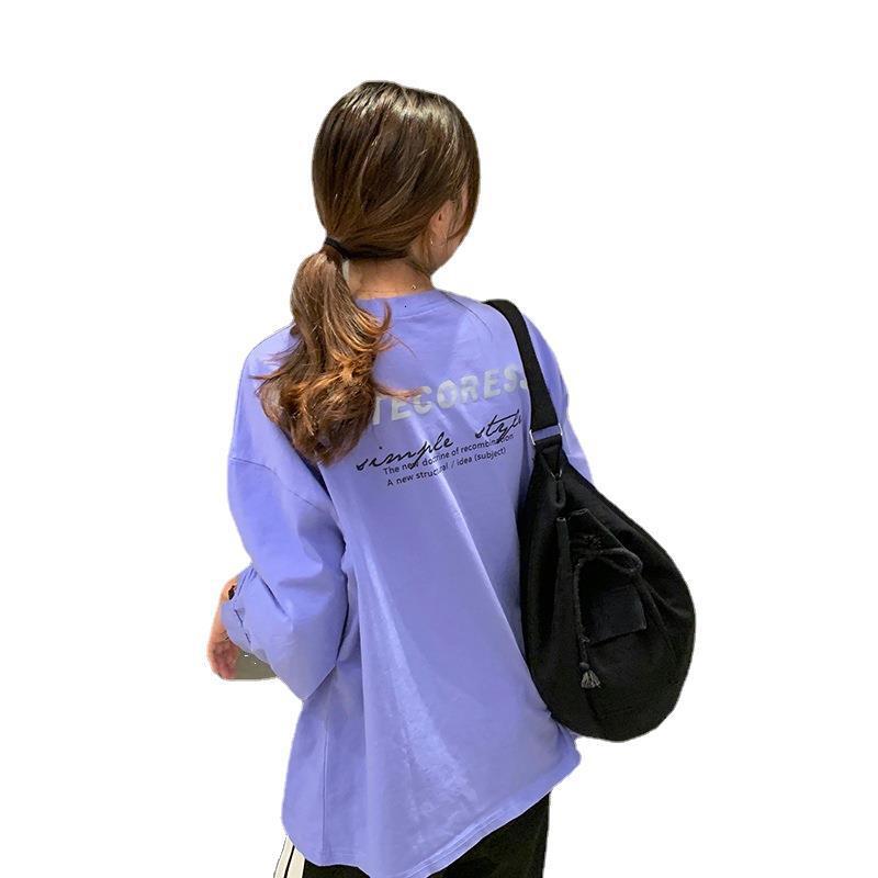 Spring Autumn New Korean Edition Front and Back Letter Printed Thin Sleeve Hoodie for Female Students, Medium to Long Length Round Neck Top dongdumaoy