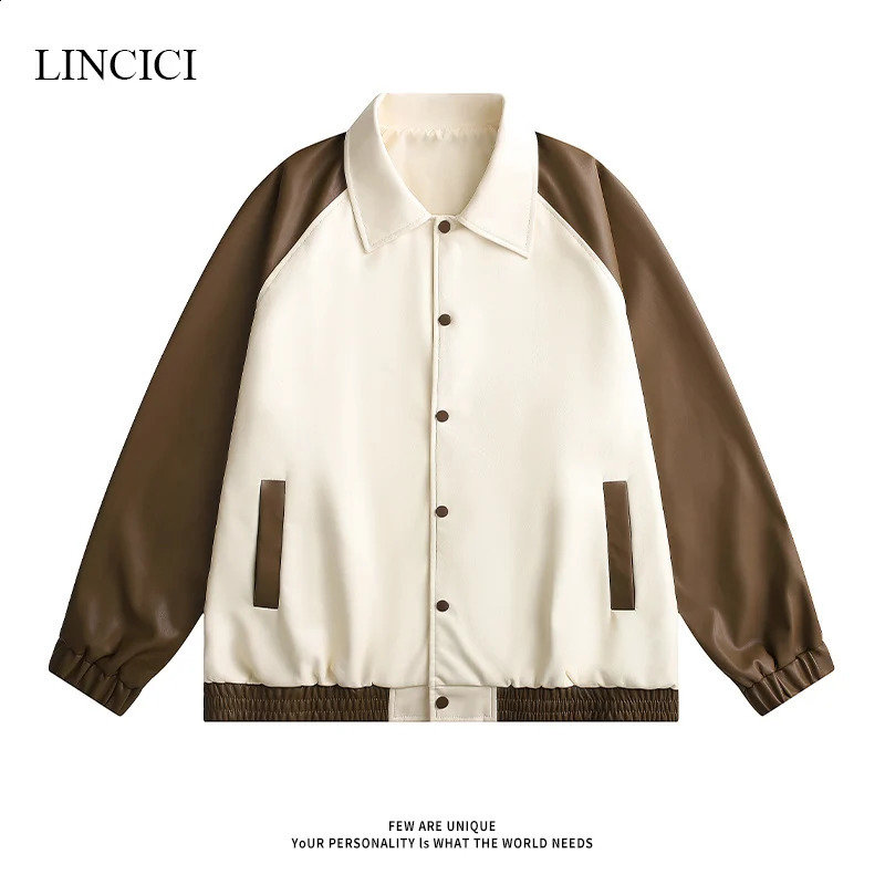 Autumn Loose Mens Retro Leather Jacket with Color Blocking and Hidden Button n Unisex Solid Color Youth Jacket 240822