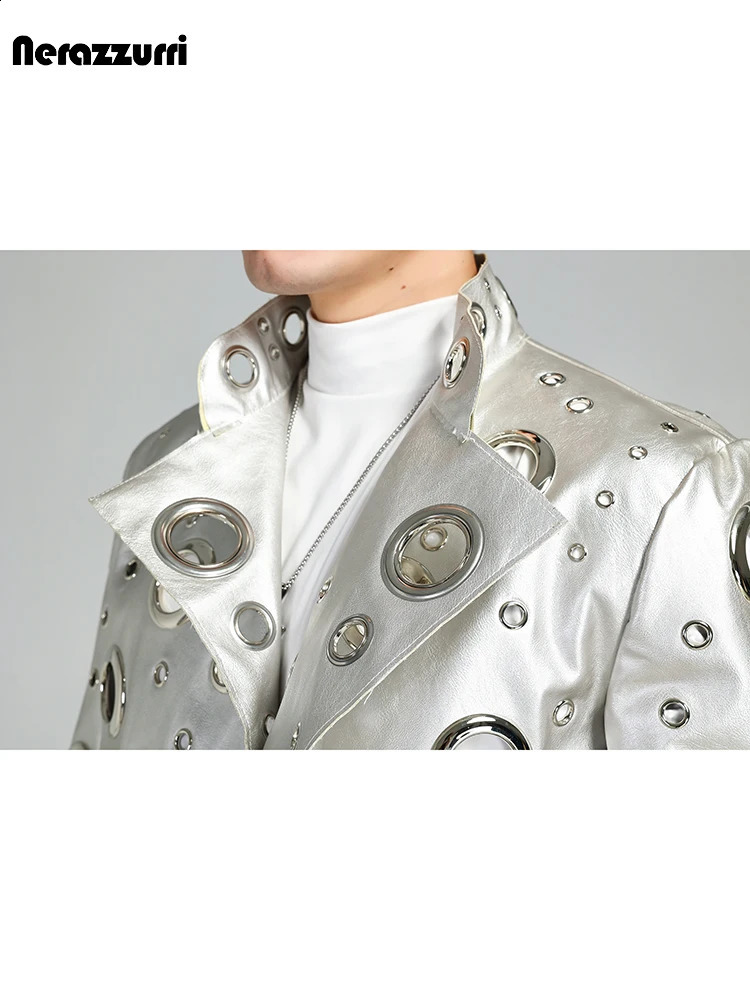 Nerazzurri Spring Autumn Cool Handsome Short Hollow Out Pu Leather Jacket Men with Holes er Unisex Y2K Streetwear 240809