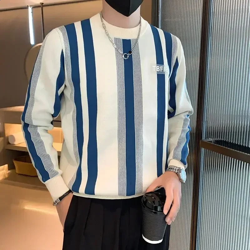 Mens Hoodless Striped Knitted Sweater Pulleys Logo n y Fun Korea Autumn A T 240821