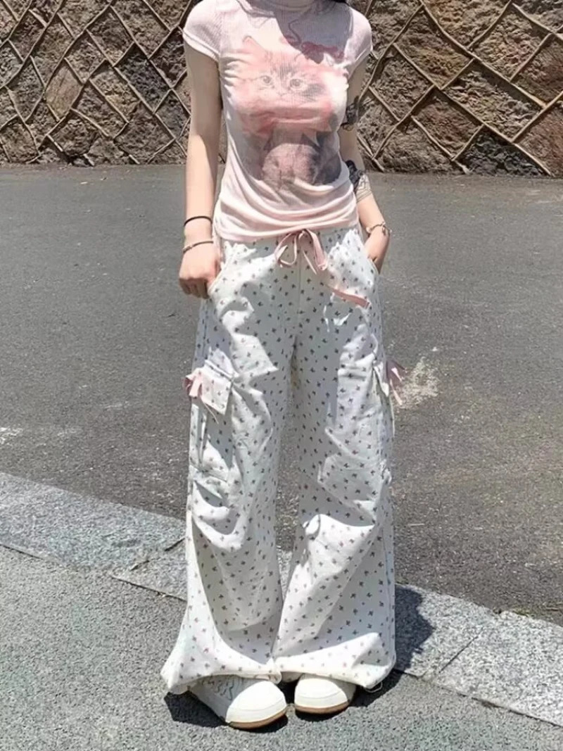 Sweet Cute Floral Print Cargo Pants Women American Fashion Y2K Streewear Pants for Women Casual Trendy All-match Trousers Woman 240821