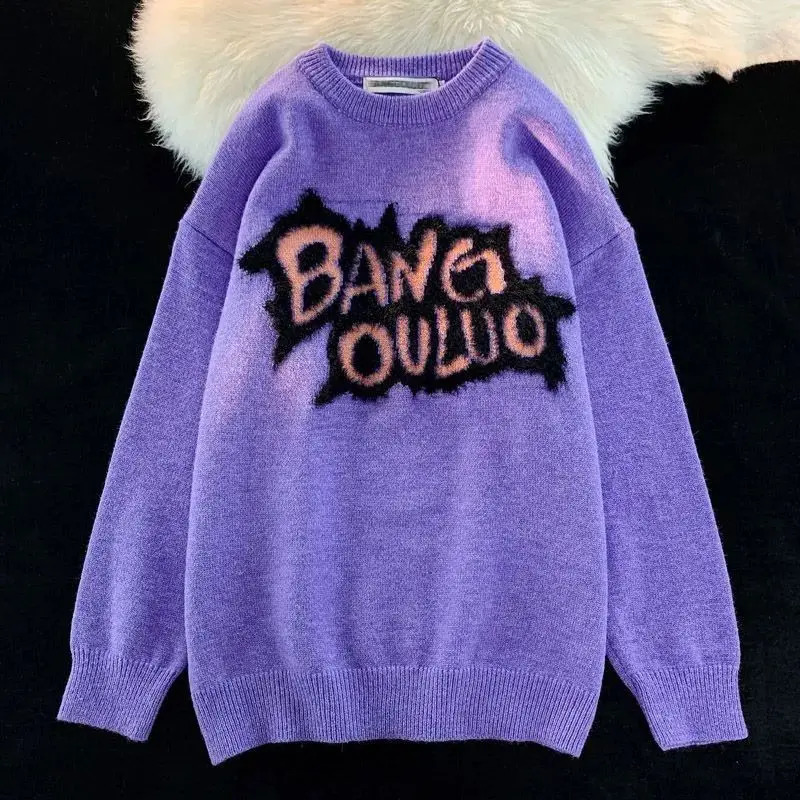 Purple Embroidered Letter Sweater Couple AutumnWinter Loose Thick Knitted Street Fashion Gothic Trendy y2k Coat 240821