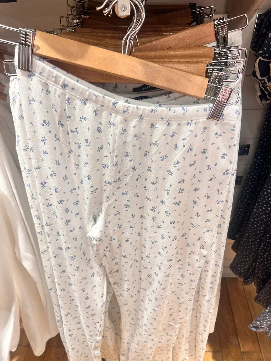 Women Blue Floral Eyelet Straight Long Pants Summer High Waist Casual Wide Leg Trousers Vintage Cotton Home Pajama Pant Y2k 240821
