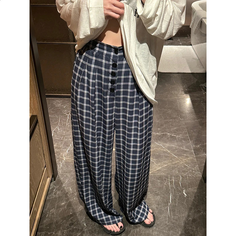 Plaid Blue Straight Long Pant Woman High Waist Buttons Pockets Loose Trousers Autumn Casual Harajuku Streetwear Baggy Pants Y2k 240821