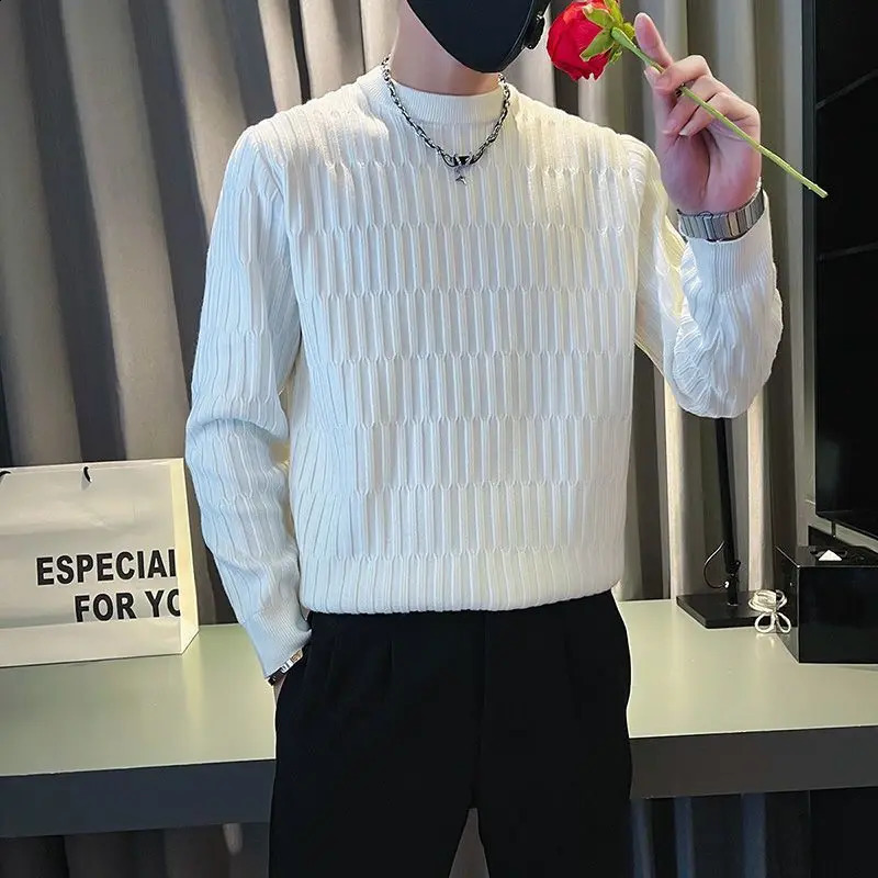 Korean Fashion Autumn Winter Sweaters Mens Mock Neck Solid Jacquard Weave High Street Casual Long Sleeve Knitted Pullovers Tops 240821