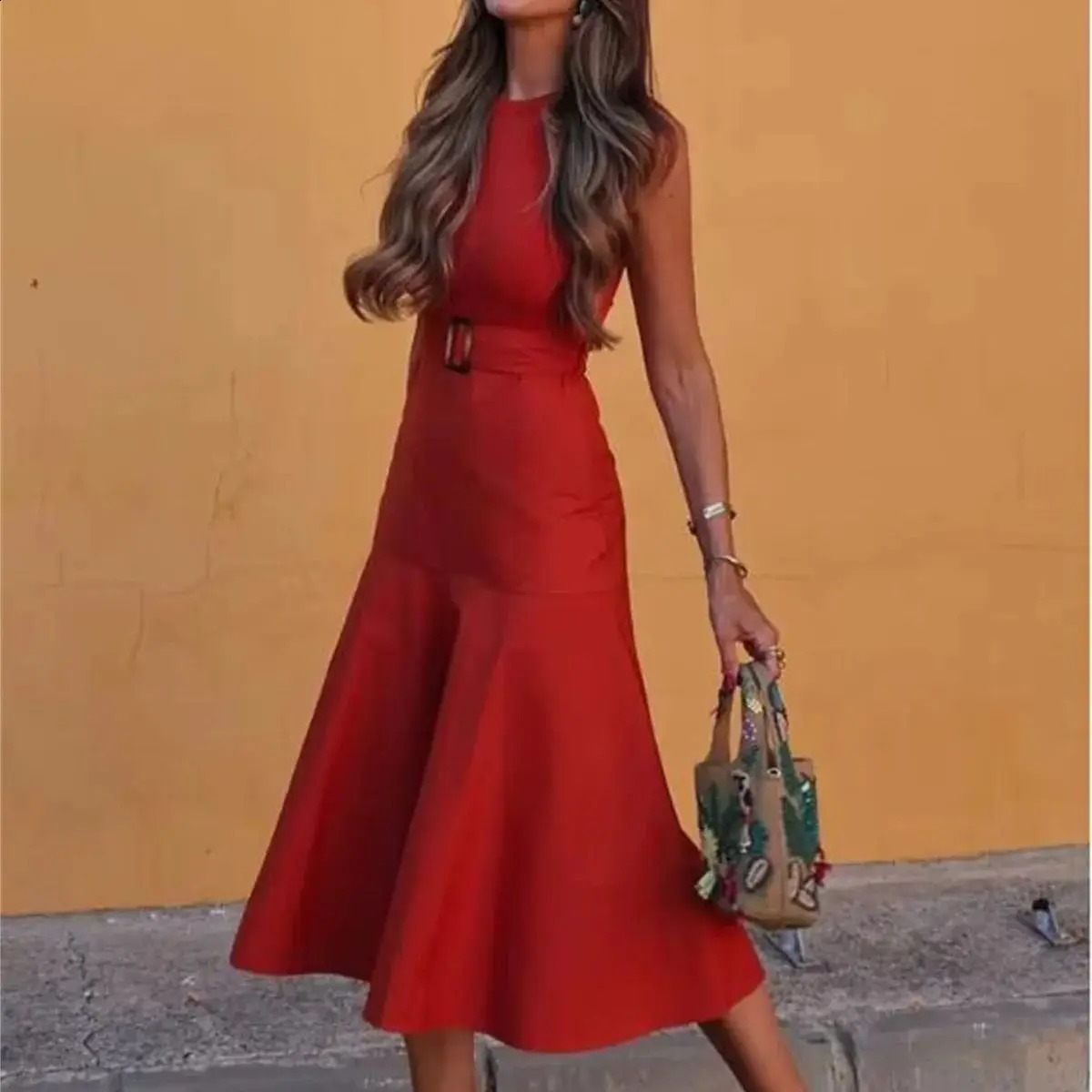Fashion Knitted Dresses For Women Elegant Solid Belt Patchwork Midi Dress O Neck Sleeveless Vestidos Lady Party Streetwear