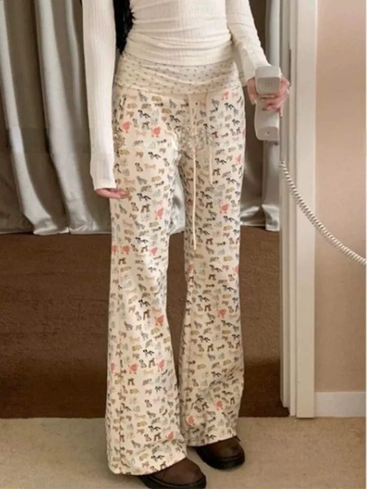 Kawaii Dog Print Pants for Women Y2k E-Girl High Waist Drawstring Flare Spring Straight Loose Wide Leg 240821