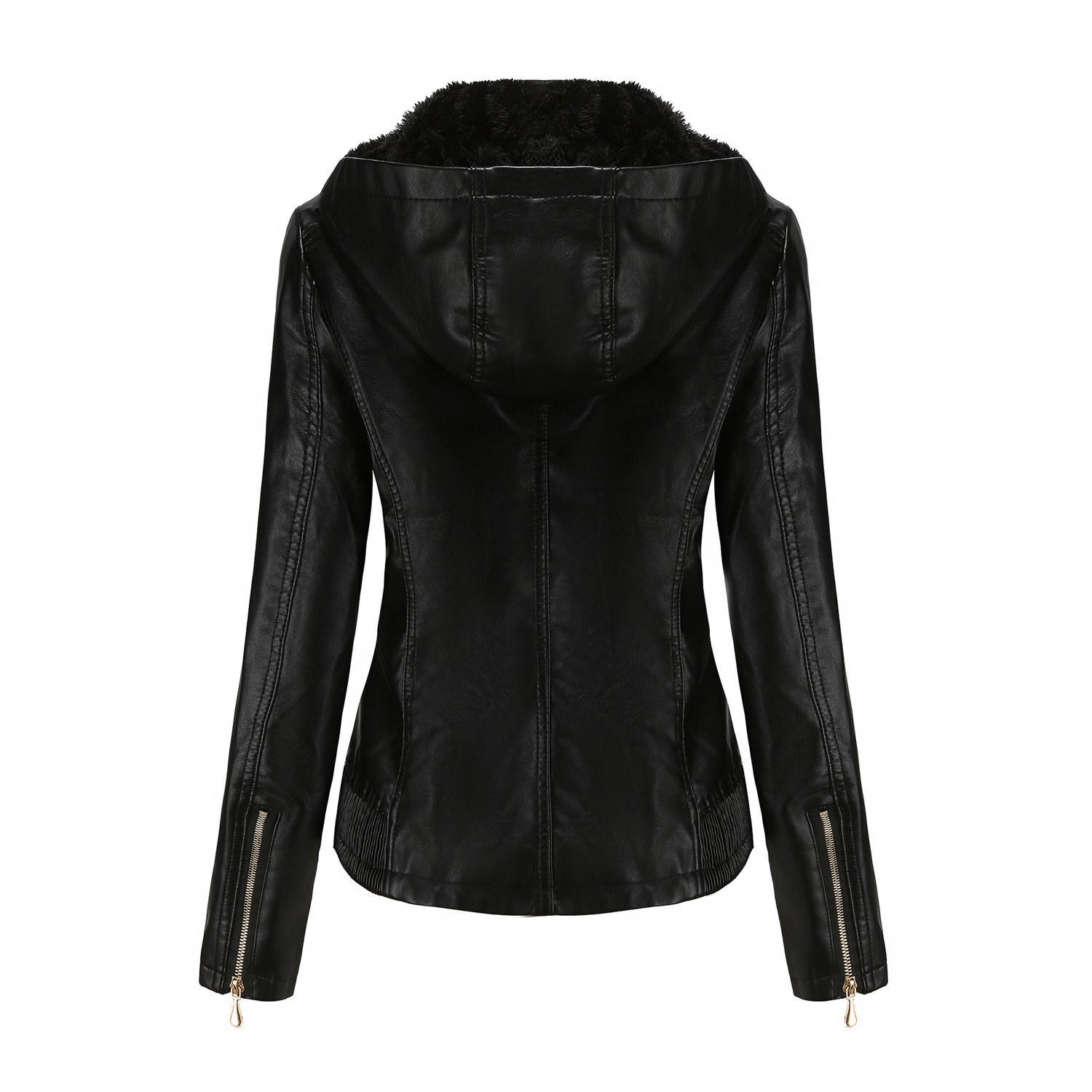 Aw Hooded Leather Womens Detachable Hat Zipper Long Sleeve Plush Leather Jacket European Size Slim Fit Coat