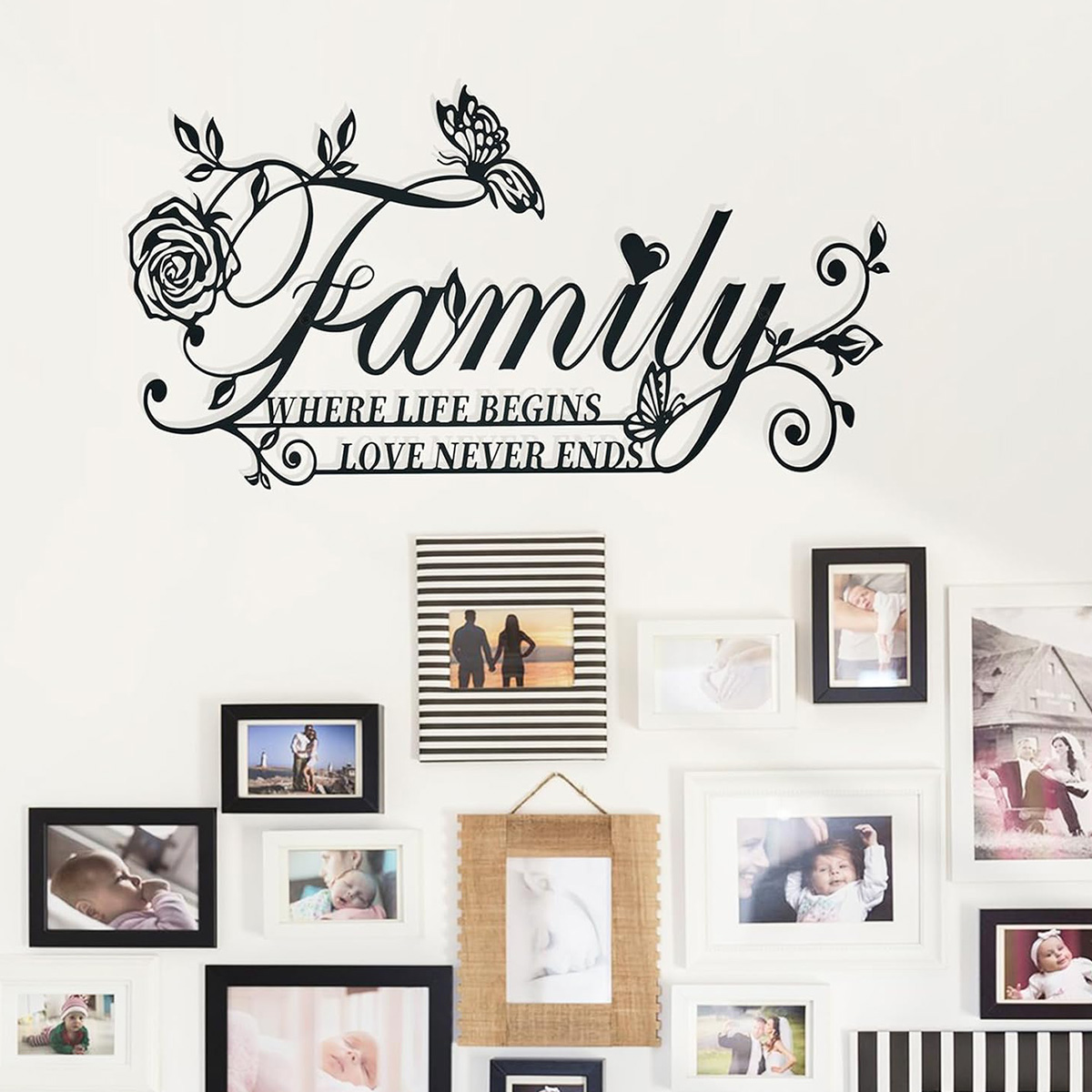 Home Decor Life Begins Family Love Never Ends Text Sign Metal Wall Art Decor Black Letters