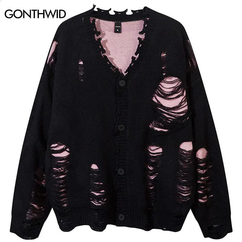 Hip Hop Sweater Cardigan Coat Grunge Vintage Ripped Holes Knitted Jumper Streetwear Men Harajuku Punk Gothic Oversized Sweaters 240821