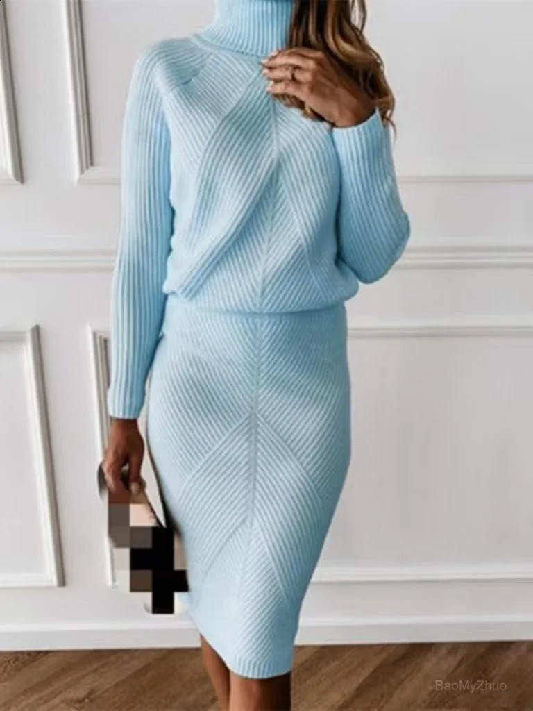 2024 Autumn Winter Womens Knitting Costume Turtleneck Solid Color Pullover Sweater Slim Skirt TwoPiece Set Female Warm Suits 240819