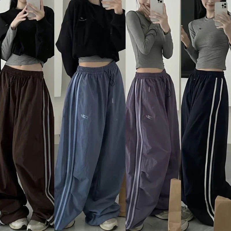 Women Cargo Pants Vintage Streetwear Baggy Wide Leg Sweatpants Casual Drawstring Oversize Pockets Tech Fashion Trousers Y2K 240821