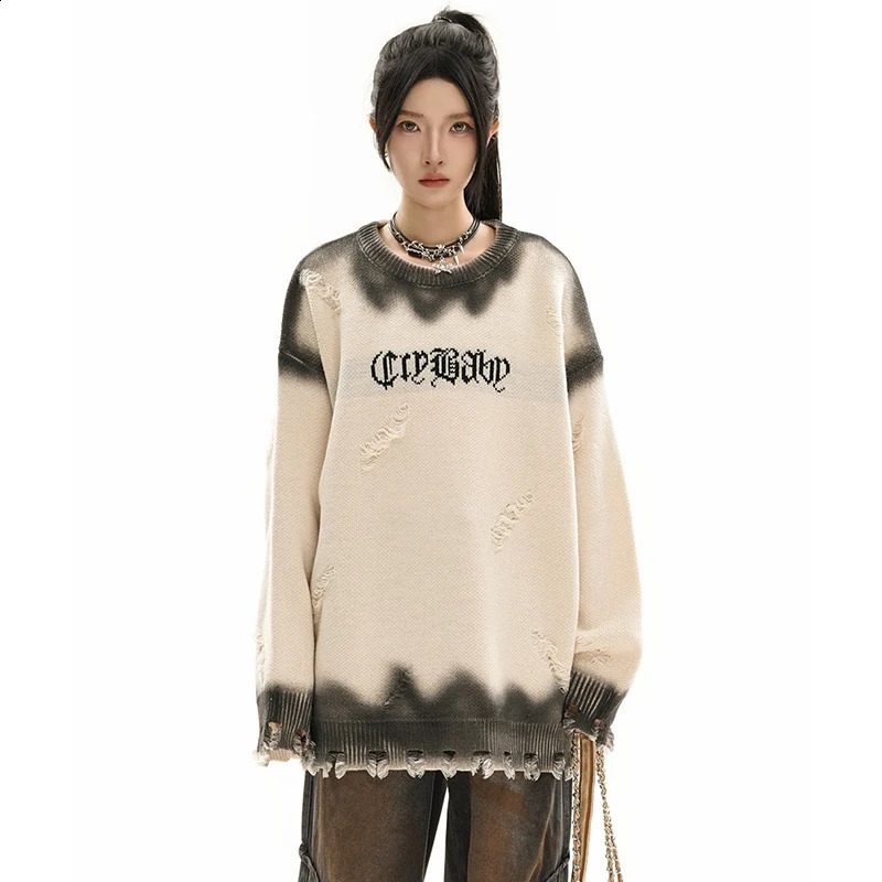 PFNW spray painted crochet hole sweater mens streetwear O-neck loose pull Knitwear autumn item 28W4111 240829