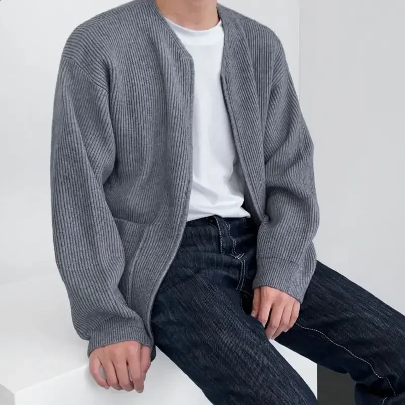 Knitted Sweaters for Men Round Collar with Pockets Man Clothes Plain Zip-up Jacket Cardigan Crewneck Solid Color Coat Zipper A S 240821
