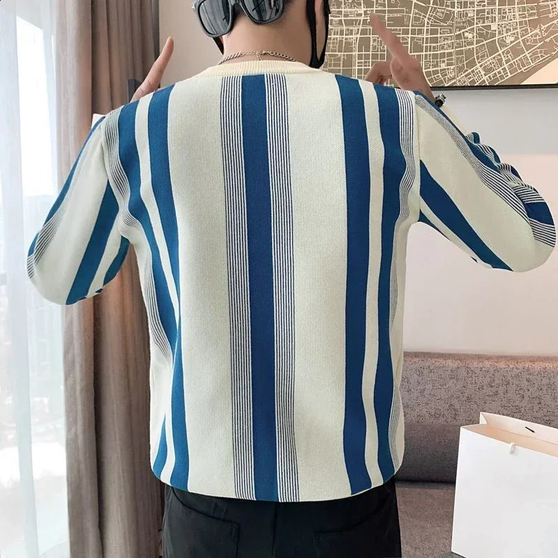 Mens Hoodless Striped Knitted Sweater Pulleys Logo n y Fun Korea Autumn A T 240821