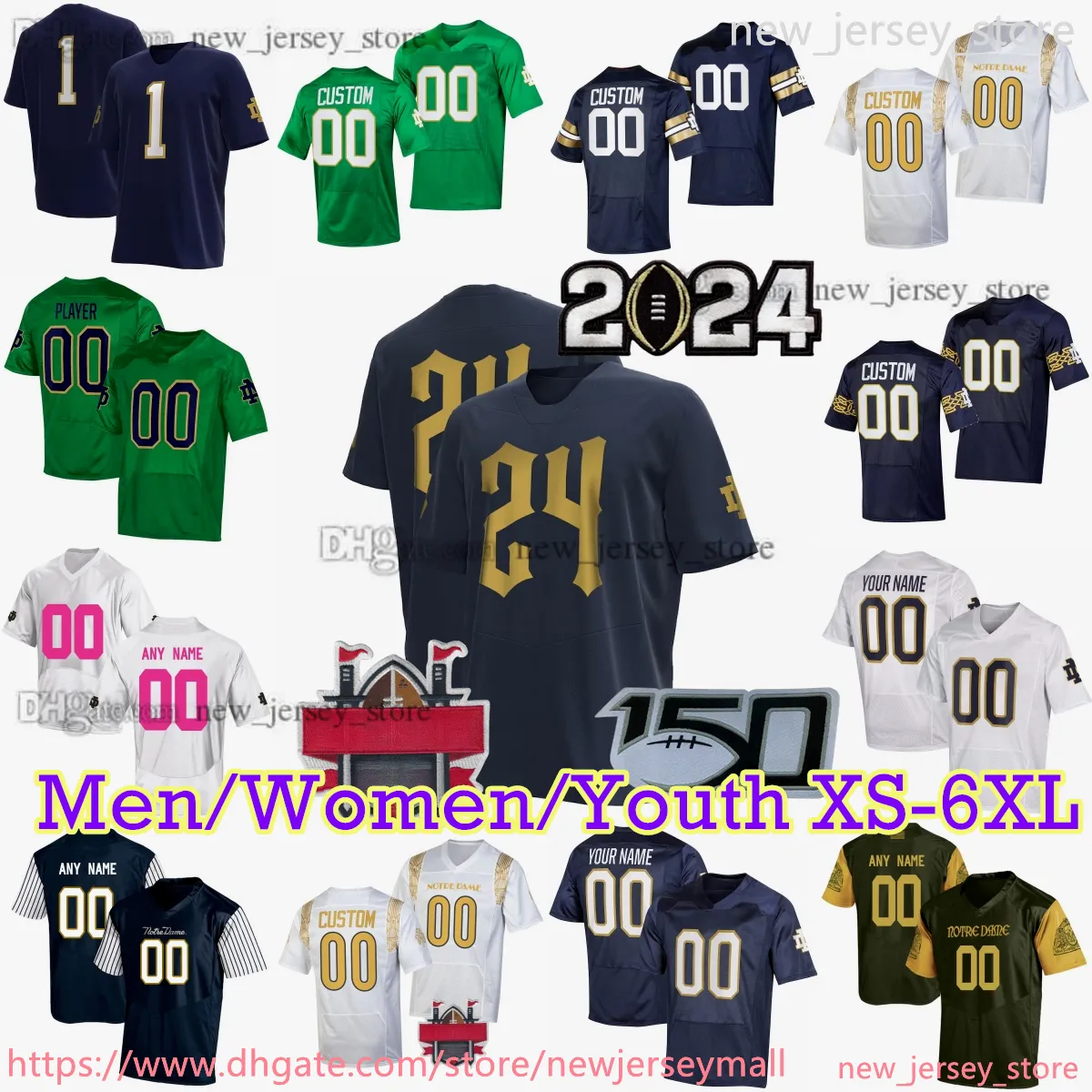 2024 Custom Notre Dame Fighting Irish College Football Jerseys 10 Sam Hartman 7 Audric Estime Jeremiyah Love Jadarian Price JD Bertrand Blake Fisher Payne