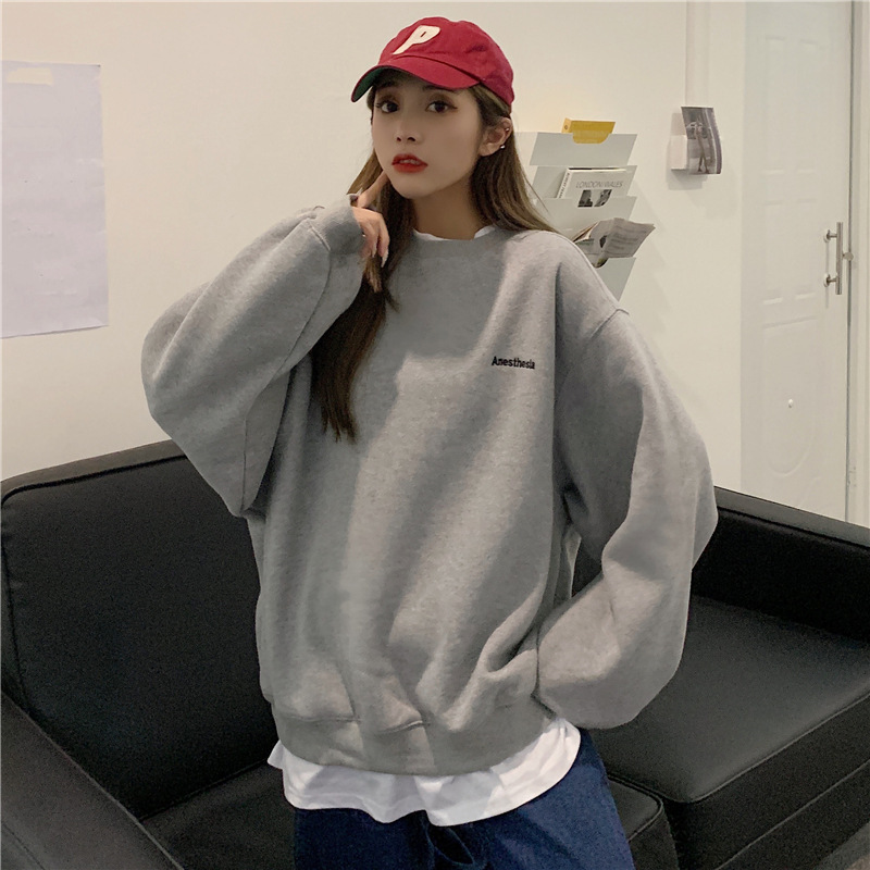 autumn and winter new college letter embroidery fake two-piece hoodie women's long sleeved pullover BF style loose top trend dongdumaoyi