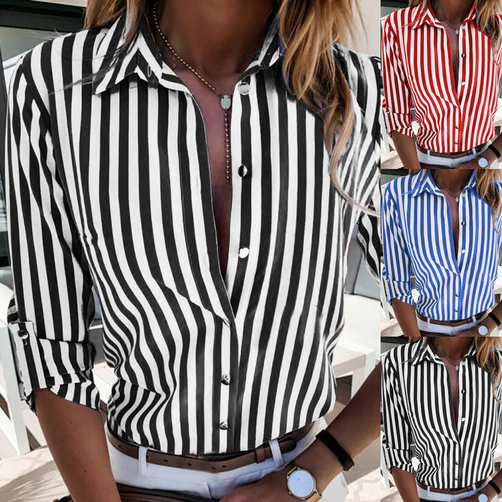 Y2k style womens striped printed shirt retro button down long sleeved lapel top blue Para Mujer 240822