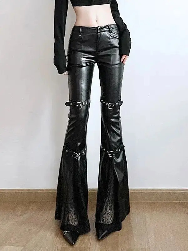 PU Leather Flare Pant Goth Buckle Lace Patchwork Pants Women Fashion Y2K Streetwear Vintage Aesthetics Casual Trouesrs 240821