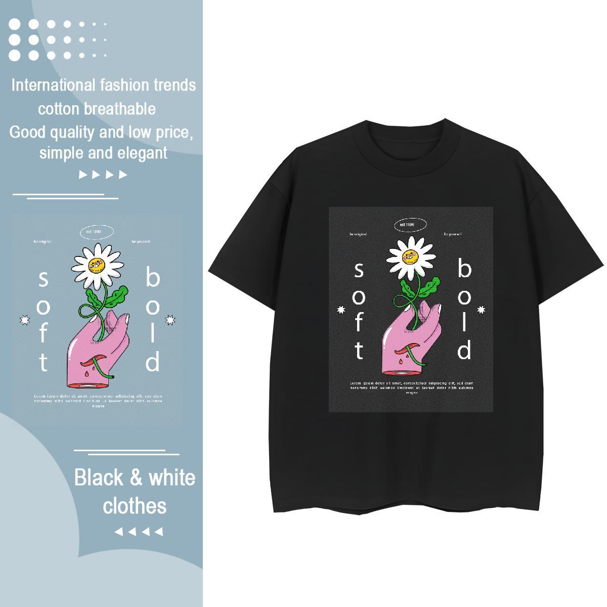 Popular Women Tees 100% Cotton 230g flower Daily Outfit T Shirt For Woman Crew Neck Cartoon Printing L-4XL Clothings