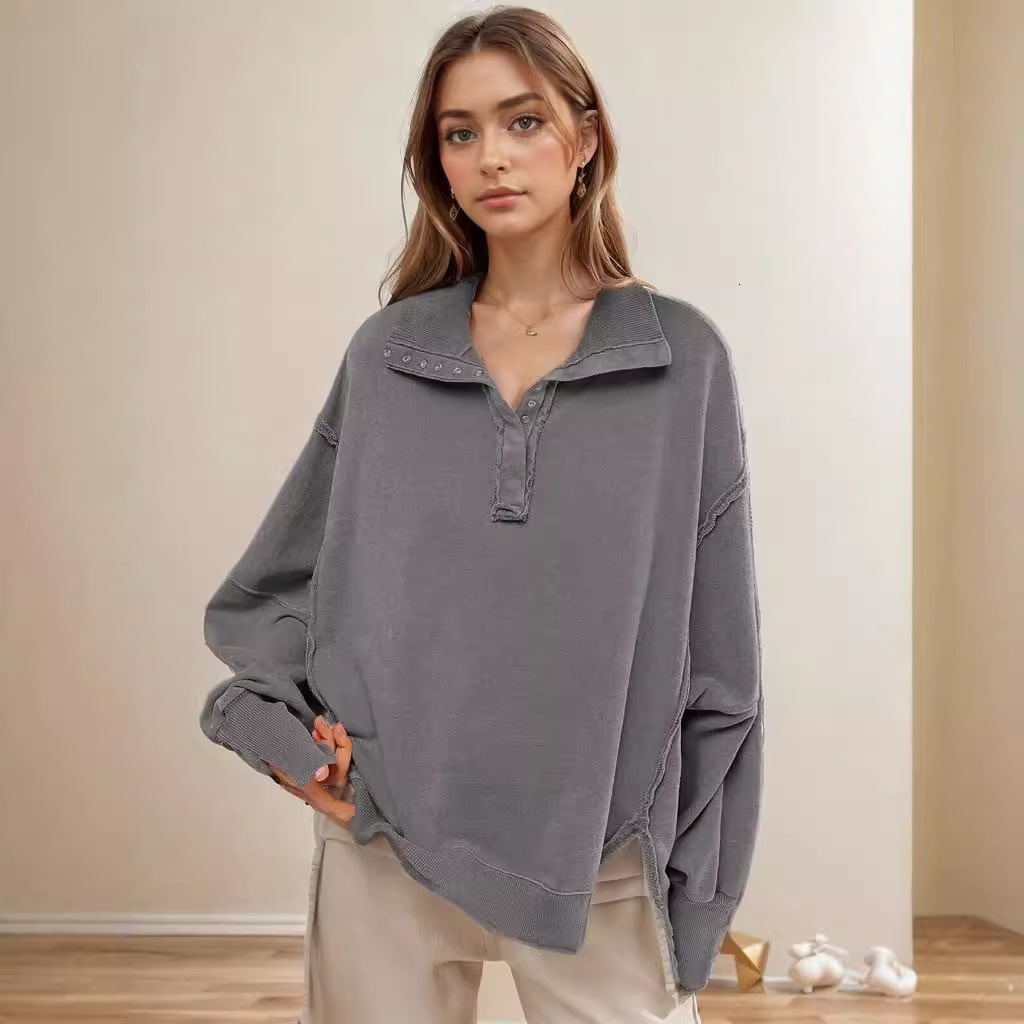 Decorative Line Design Sense Top Split Lantern Sleeve Polo Neck Sweater Coat Women's Spring and Autumn dongdumaoyi