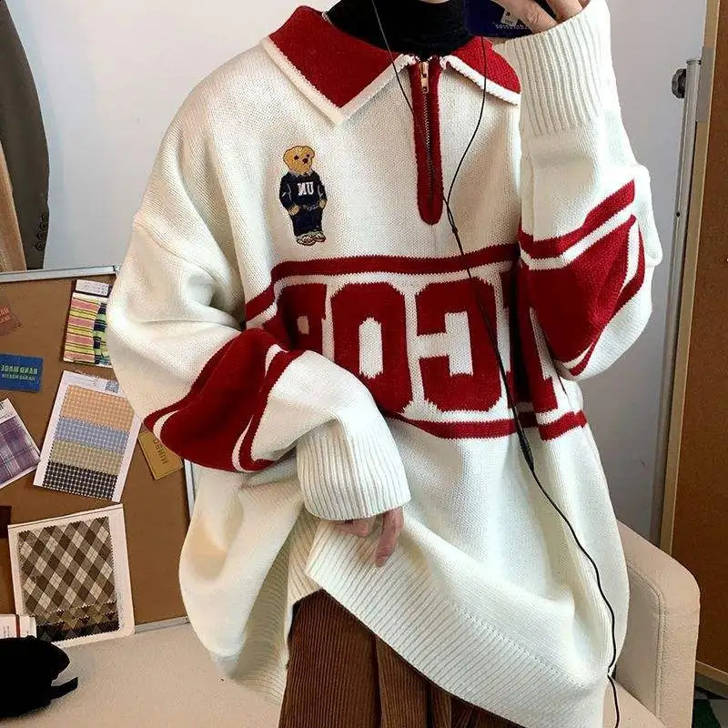 Y2k cartoon bear letter embroidered polo sweater suitable for autumn and winter loose retro half zipper knitted fabric 240821