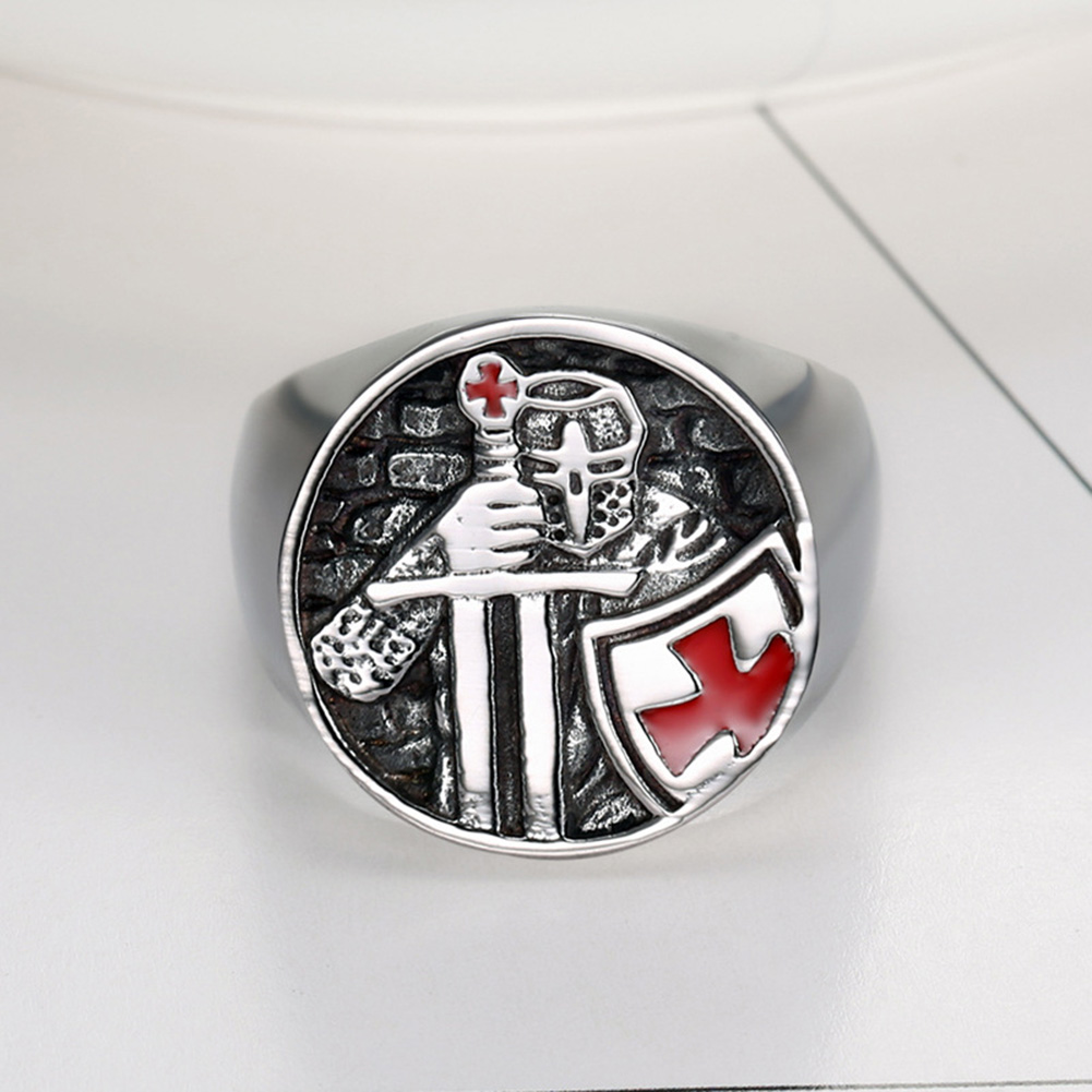 Vintage Knight Cross Casting Ring Titanium Steel Red Oil Drip Mens Jewelry