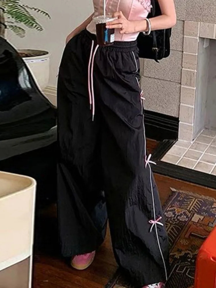 Streetwear Black Bow Femme Vintage Drawstring Wide Leg Pants for Women Y2k Aesthetic Trousers Harajuku Loose Summer Bottoms 240821