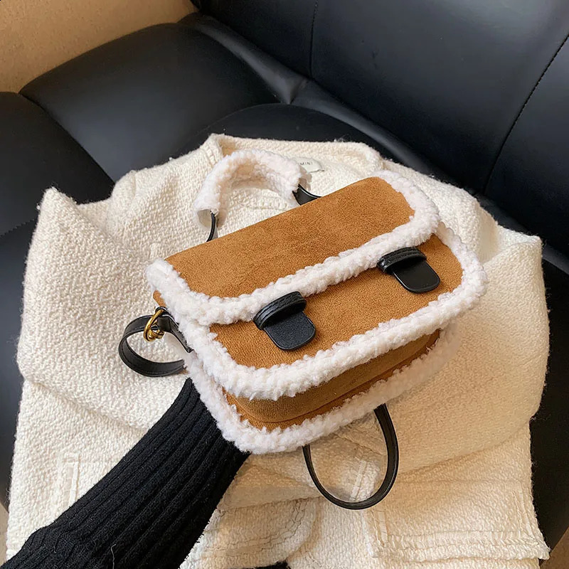 Small Tote Bag For Women VintageNubuck Leather Crossbody Bags er Lamb Wool Handbag Female Top Shoulder Bag Winter 240821
