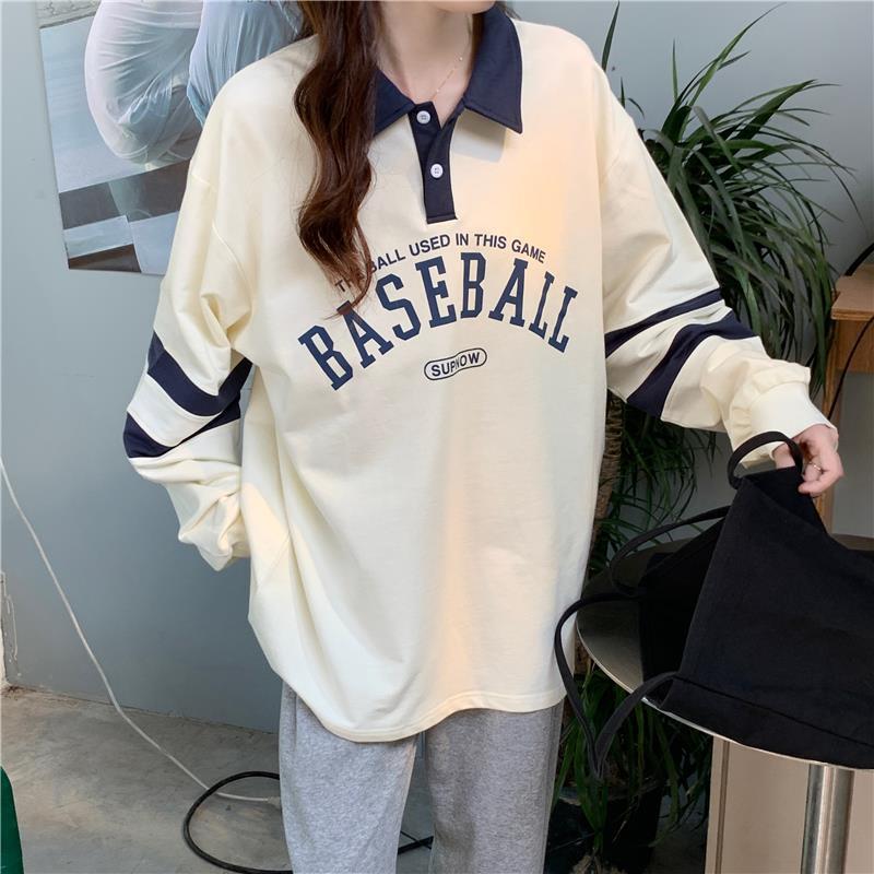 Polo collar loose hoodie design sense autumn new Korean version letter printed long sleeved top trend dongdumaoyi