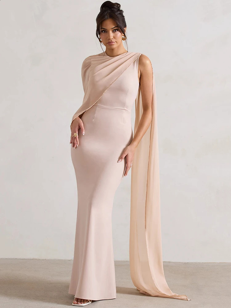 Mozision Cloak Sleeve Womens Long Dress Fashion O-neck Body Long Dress Elegant Party Evening Dress 240822