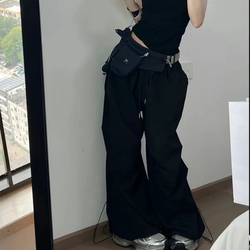 Deeptown Y2k Grey Oversized Women Parachute Pants Wide Leg Korean Fashion Harajuku Baggy Sweatpants Grunge Vintage Trousers 240821