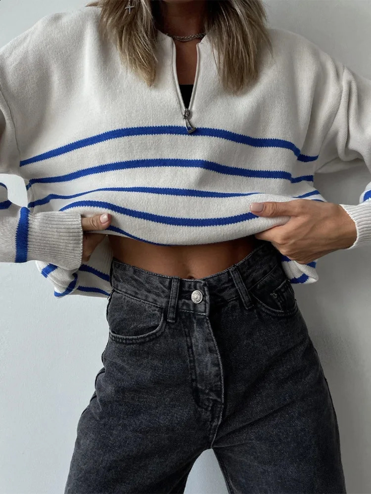 Winter Fashion Style Striped Knit Pullover Sweater Half Zip Ladies Casual Pullover Knitted Tops Women Sweater 240821