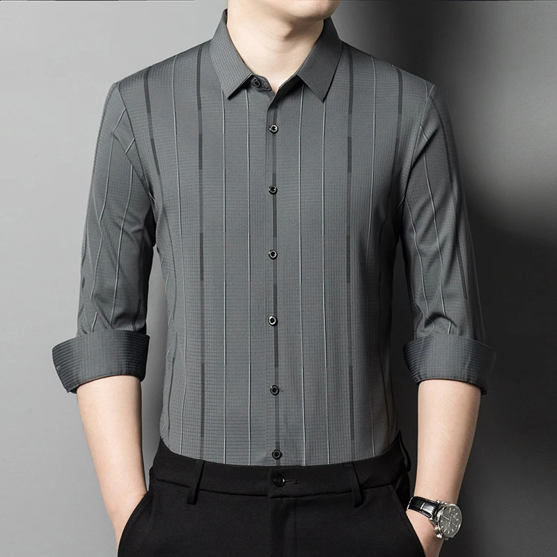 Spring Mens Seamless Vertical Striped Shirt Square Neck Loose Fitting Business Casual Long Sleeved Shirt M-4XL 240822