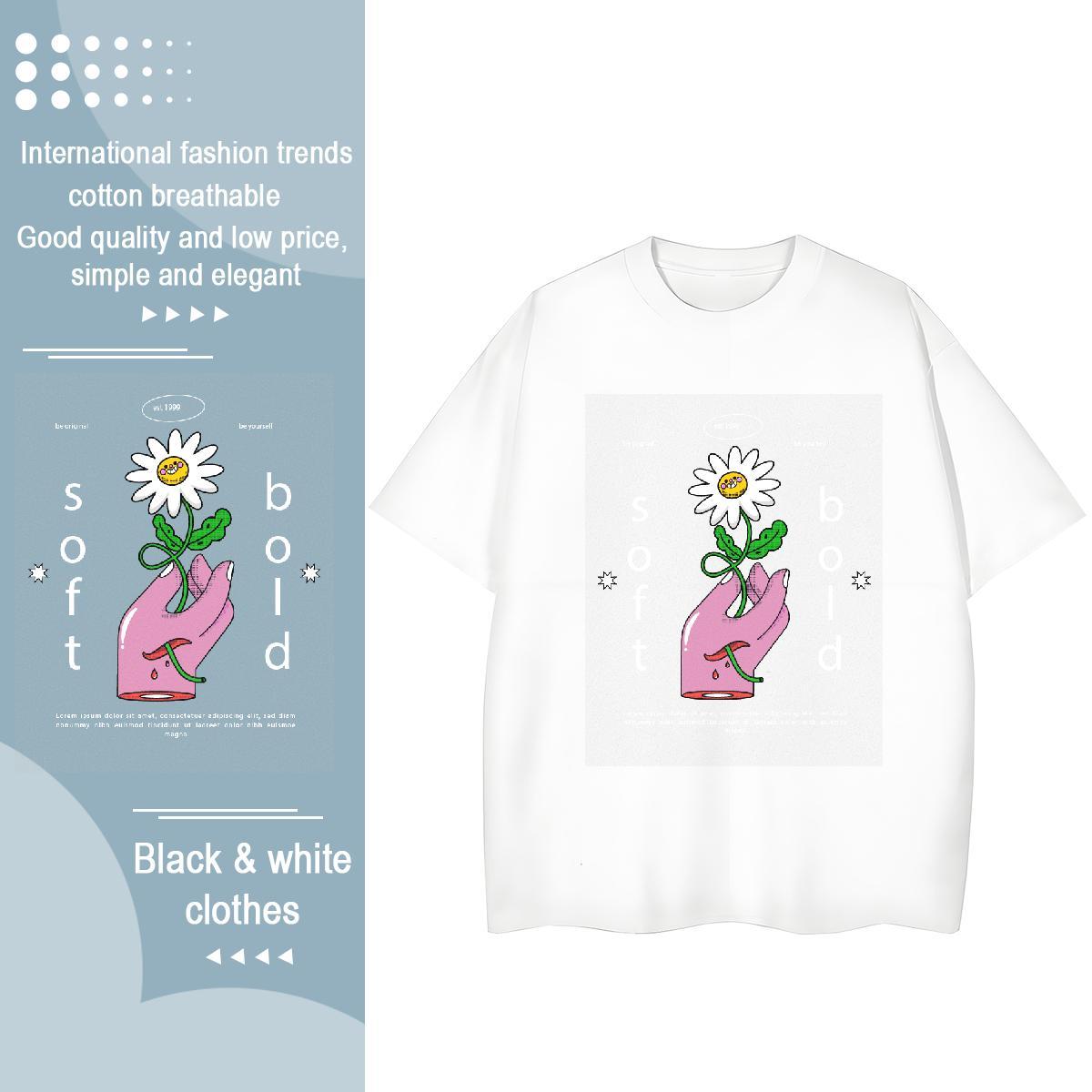 Popular Women Tees 100% Cotton 230g flower Daily Outfit T Shirt For Woman Crew Neck Cartoon Printing L-4XL Clothings