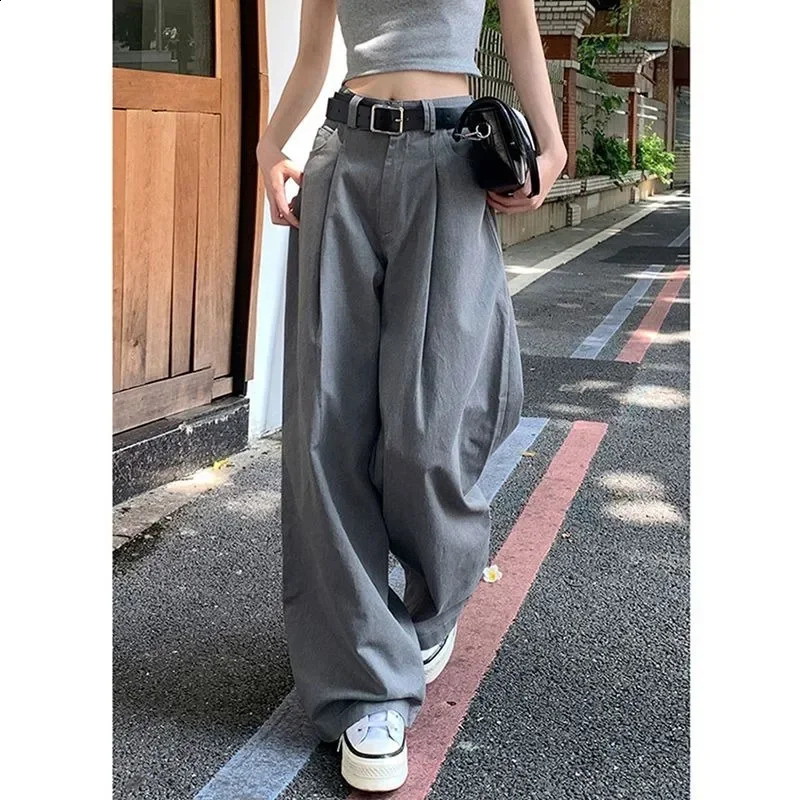 Deeptown Gray Vintage Suit Pants for Women Oversized Elegant Korean Fashion Slack Classic Trousers Office Ladies Palazzo Loose 240821