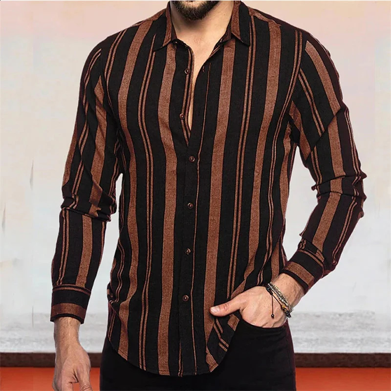 Mens button-up shirt casual business spring and summer large size long-sleeved striped print work daily vacation shirt 240822