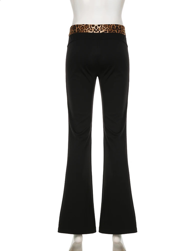 IAMSURE Y2K Patchwork Leopard Printed Flare Pants Casual Slim Low-Waisted Wide Leg Pants Women Autumn Spring Streetwear 240821