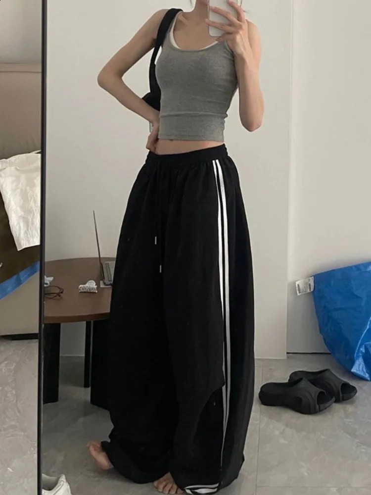 QWEEK Y2K Harajuku Vintage Striped Pants Women Loose Embroidery Wide Leg Casual High Waist Kpop Fashion Sweatpants 240821