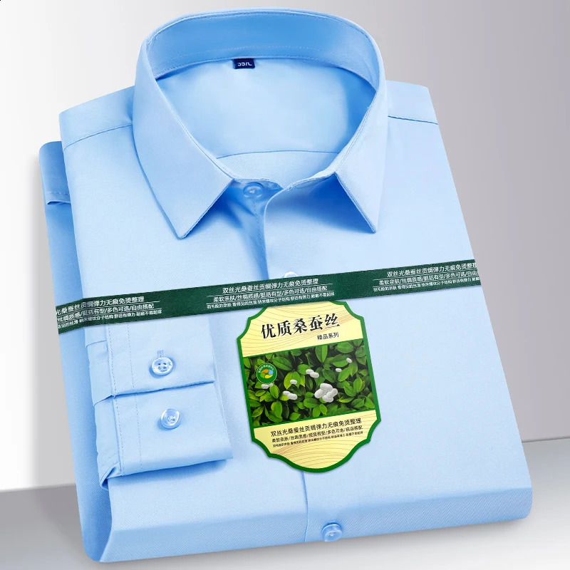 Mens shirts Mulberry silk Spandex Seamless non-ironing anti-wrinkle Silky Stripe Business Casual Long Sleeve Shirt Clothing 240822