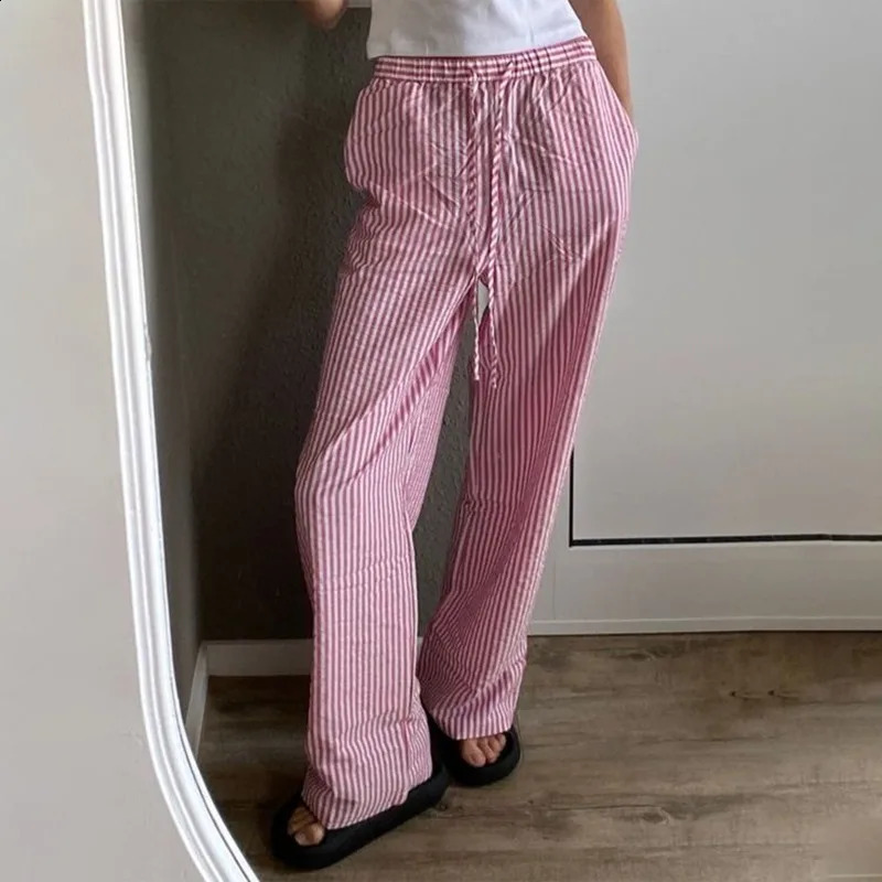 QWEEK Vintage Y2k Blue Striped Casual Pants Oversized Harajuku Korean Fashion Old Money Baggy Pink Trousers Woman Summer Thin 240821
