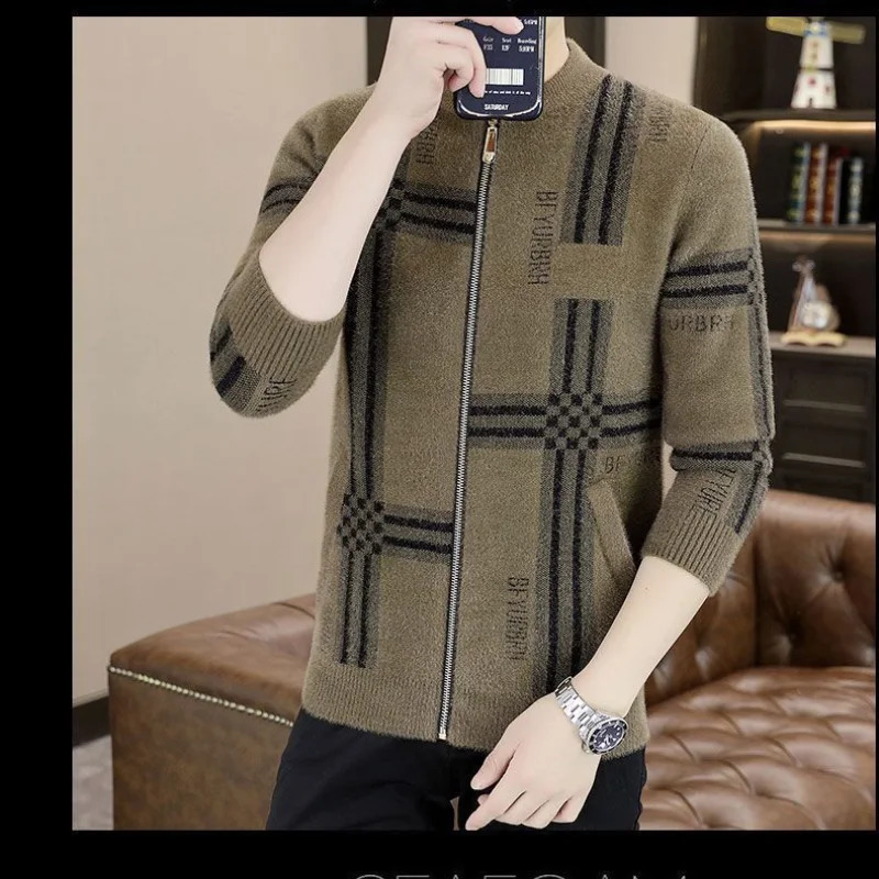Mens Clothing Temperament Versatile Autumn and Winter Korean Version Fashion Zipper Print Round Neck Long Sleeve Sweater 240821