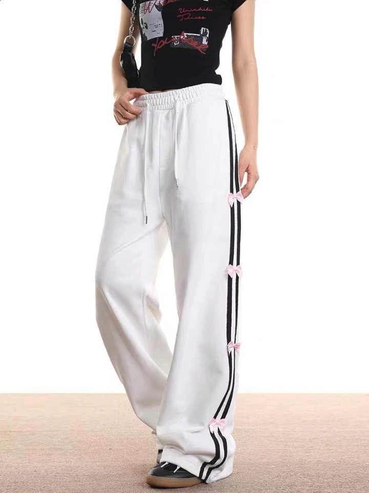 ADAgirl Oversize White Bow Joggers Women Y2k Hip Hop Fashion Stripe High Waist Wide Leg Sport Pants Streetwear Casual Sweatpants 240821