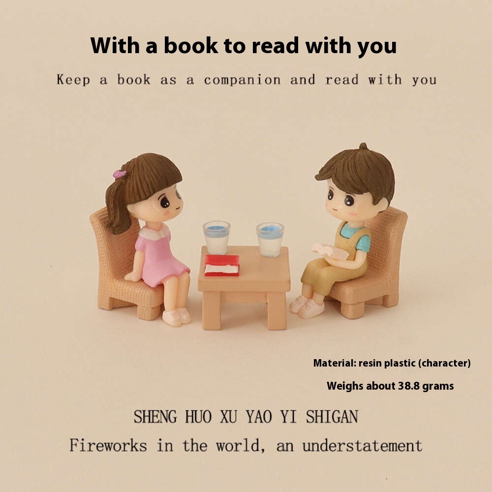 Mini water cup tables chairs, cute boys and girls reading, micro landscape scenes, baby house accessories, home decoration, desktop ornaments