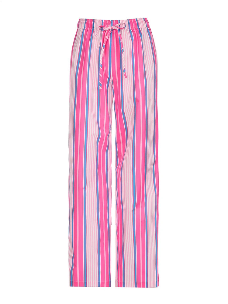 Pink Stripe Woven Straight Pants Women Drawstring Elastic Waist Casual Y2K Trousers 240821