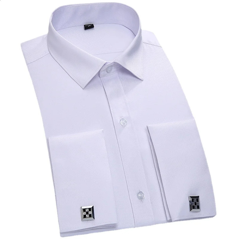 Quality Mens Dress Shirts French Cuff Long Sleeved Business Casual Slim Fit Solid Color French Cufflinks Shirts Tuxedo Shirt 240822