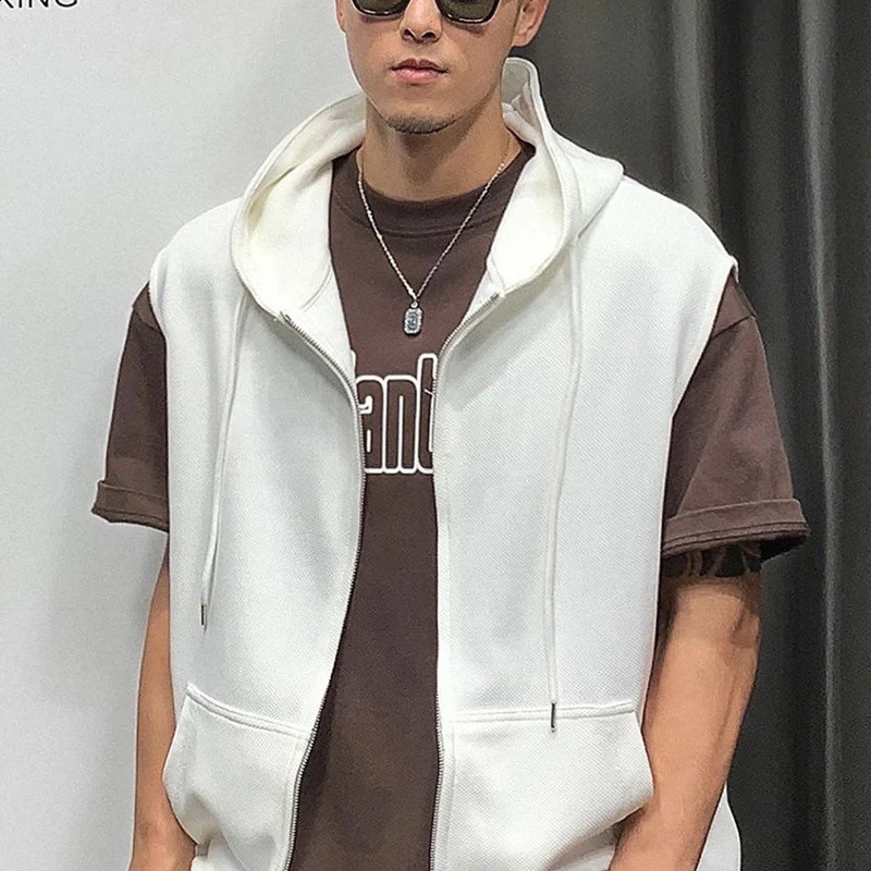 Spring and autumn loose casual short sleeved hooded mens fashion fully matched zipper retro cardigan top 240821
